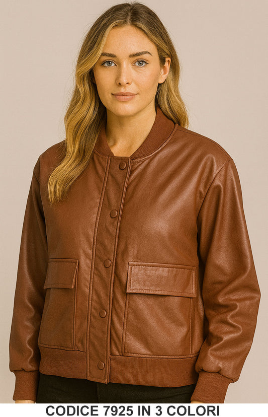 Giubbotto effetto pelle con tasconi Giacca ecopelle Elegante Casual in 3 Colori – 7925