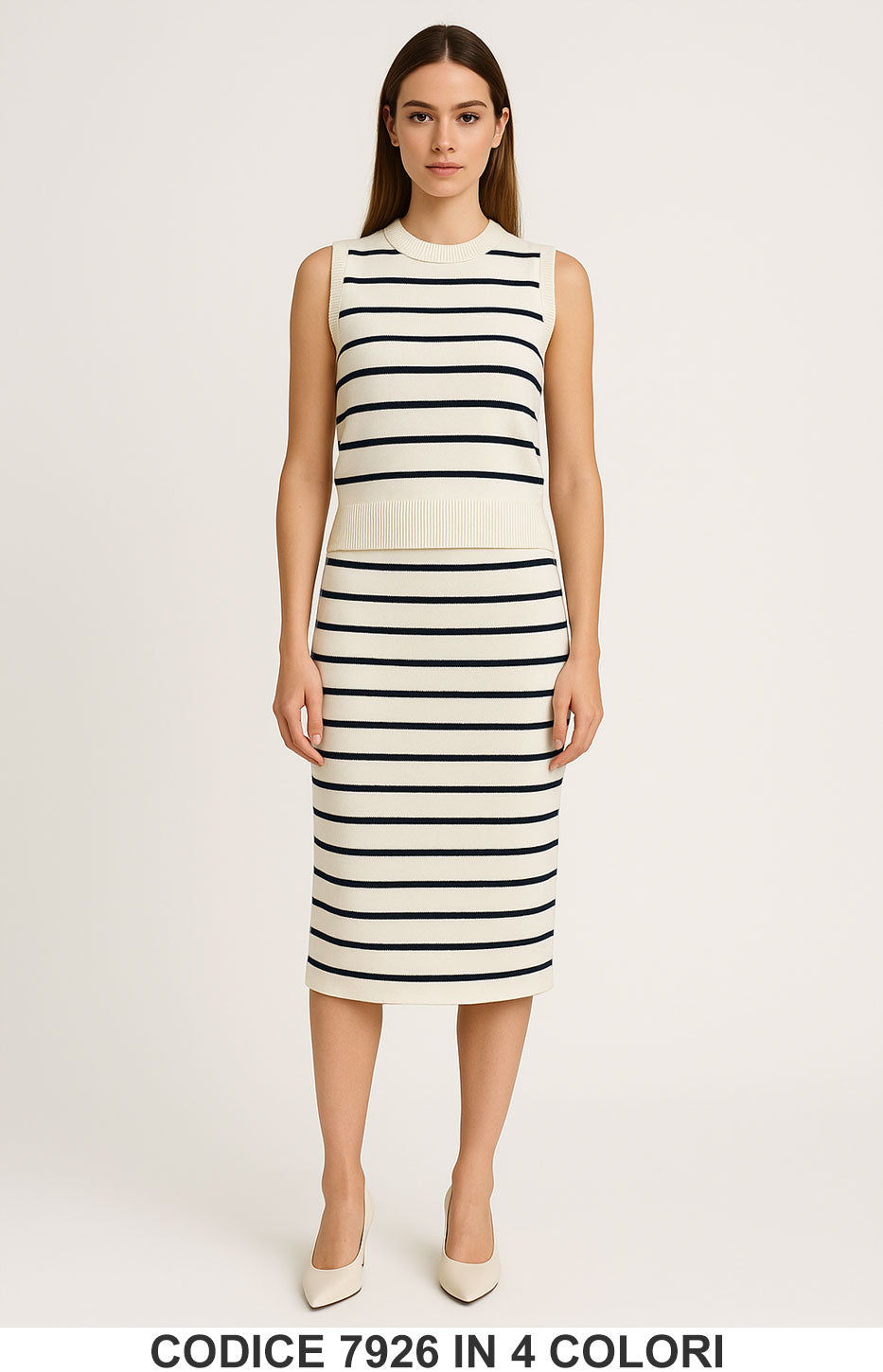 Completo due pezzi smanicato a righe in maglia Maglia Gonna Midi Casual Coordinato in 4 colori – 7926