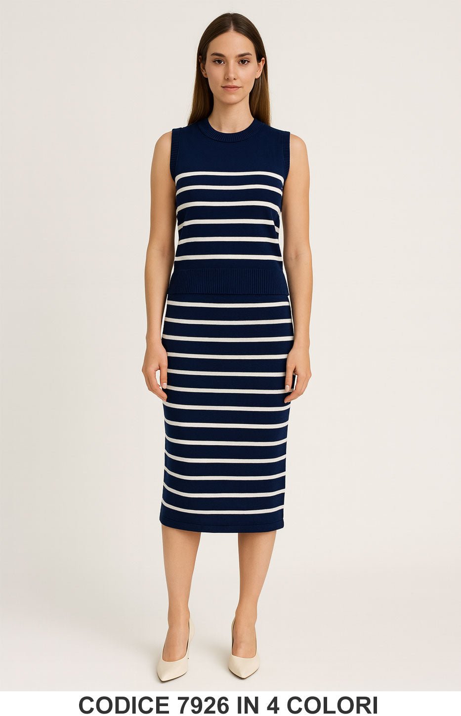 Completo due pezzi smanicato a righe in maglia Maglia Gonna Midi Casual Coordinato in 4 colori – 7926