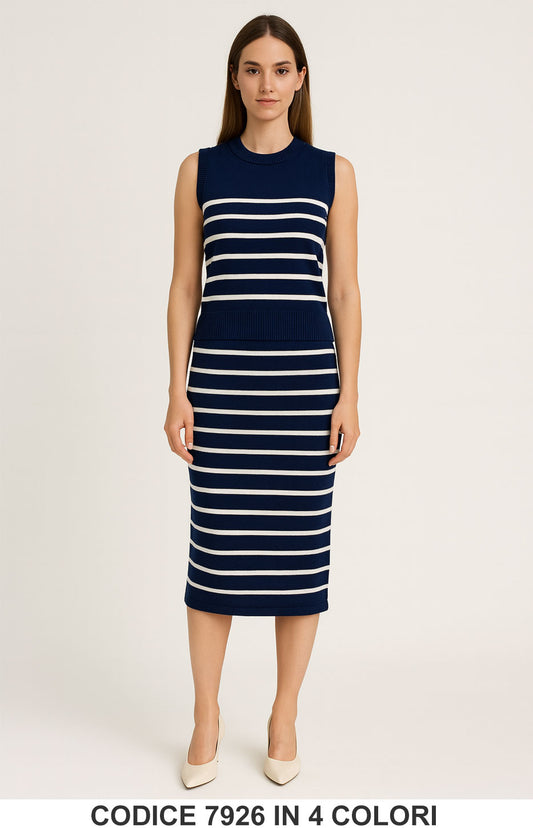 Completo due pezzi smanicato a righe in maglia Maglia Gonna Midi Casual Coordinato in 4 colori – 7926