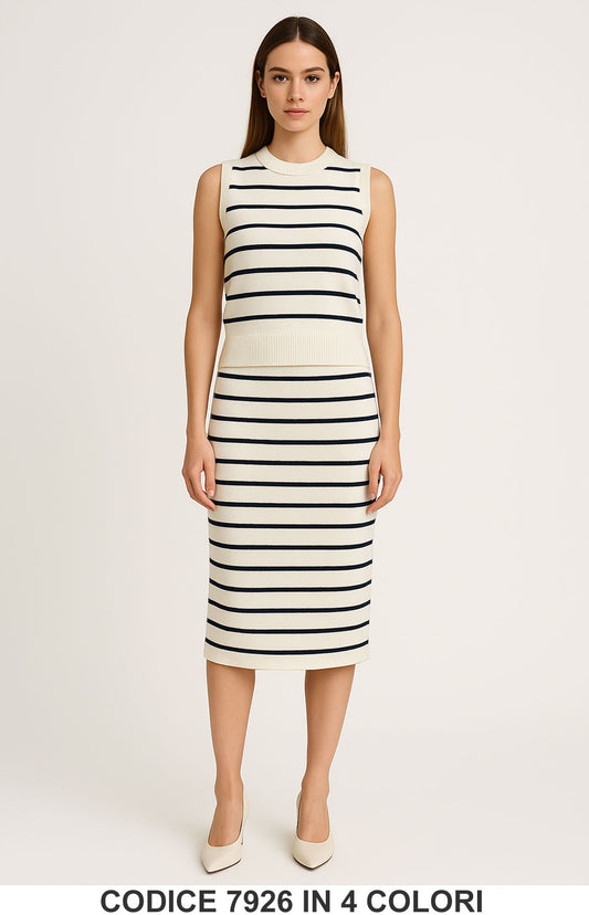 Completo due pezzi smanicato a righe in maglia Maglia Gonna Midi Casual Coordinato in 4 colori – 7926