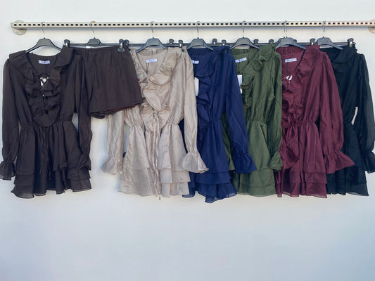 Completo blusa a balze con shorts coordinati Coordinato Maglia Lunga Elegante Serata in 6 colori – 7927