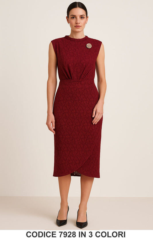 Vestito elegante senza maniche Trama Floreale Rilievo con spilla gioiello Abito in 3 colori – 7928