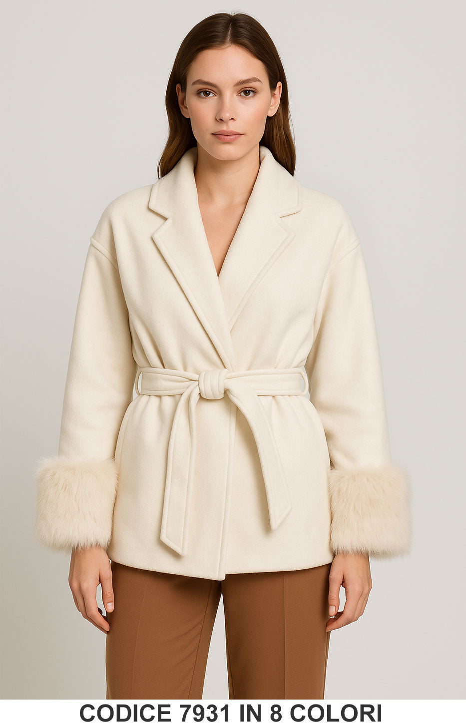 Giacca corta con cintura e polsini in eco pelliccia Giubbotto Elegante Fashion in 8 colori – 7931