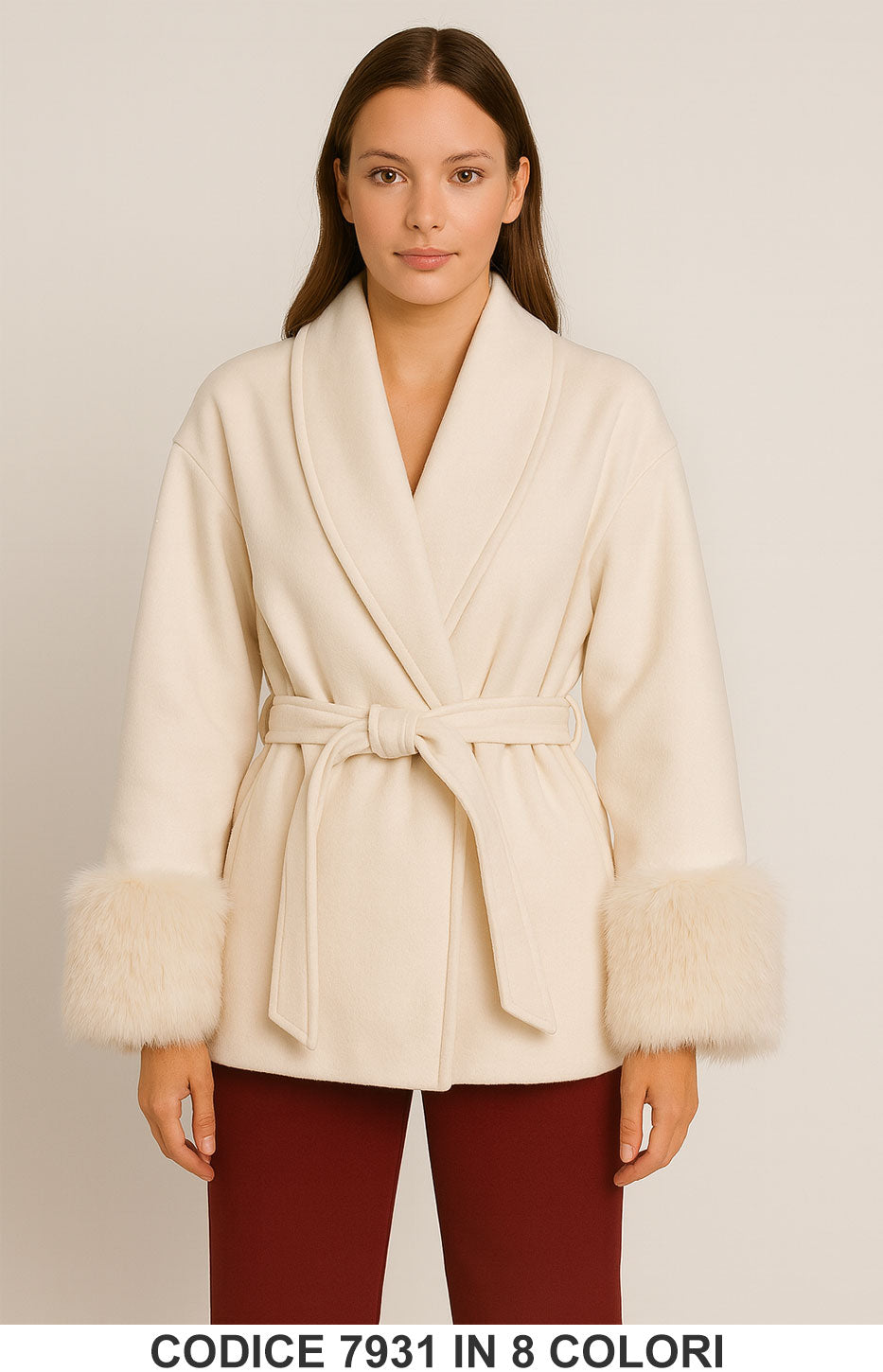 Giacca corta con cintura e polsini in eco pelliccia Giubbotto Elegante Fashion in 8 colori – 7931