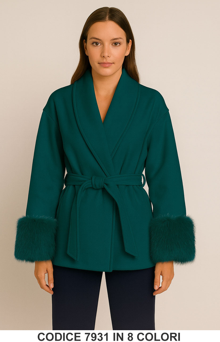 Giacca corta con cintura e polsini in eco pelliccia Giubbotto Elegante Fashion in 8 colori – 7931