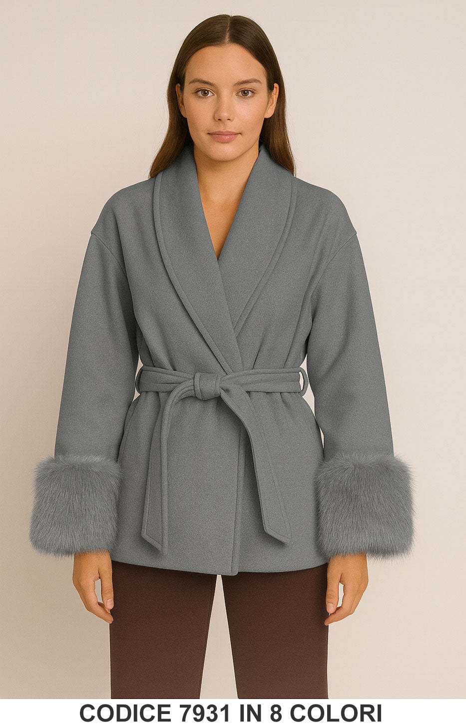 Giacca corta con cintura e polsini in eco pelliccia Giubbotto Elegante Fashion in 8 colori – 7931