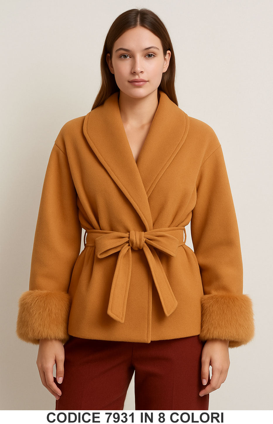 Giacca corta con cintura e polsini in eco pelliccia Giubbotto Elegante Fashion in 8 colori – 7931