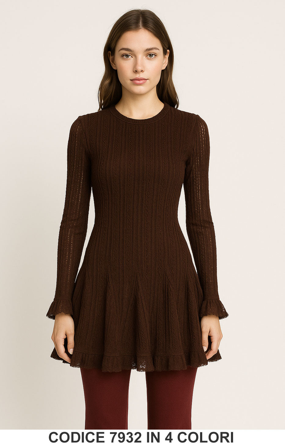 Vestito corto in pizzo con maniche lunghe e balza svasata Abito Romantico in 4 colori – 7932
