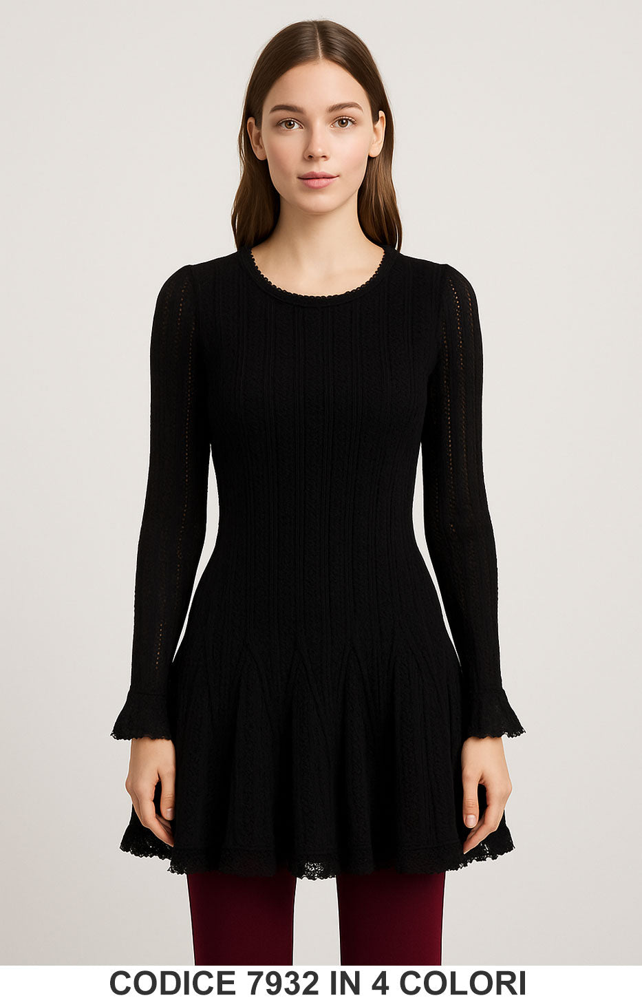Vestito corto in pizzo con maniche lunghe e balza svasata Abito Romantico in 4 colori – 7932
