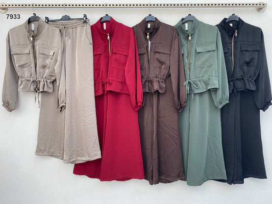 Completo con giacca corta zip e pantalone palazzo Coordinato Casual in 5 colori – 7933