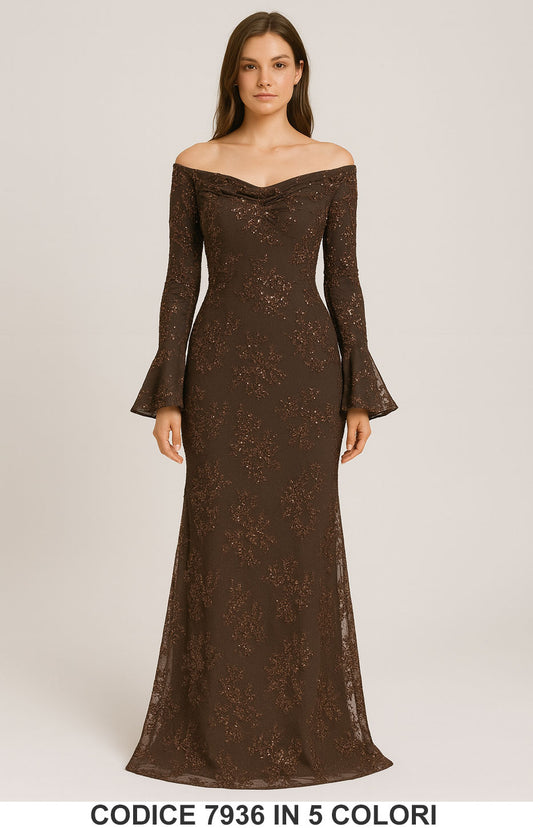 Abito Lungo Elegante con Paillettes e Scollo a Barca Vestito Cerimonia Ricamato in 5 Colori – 7936