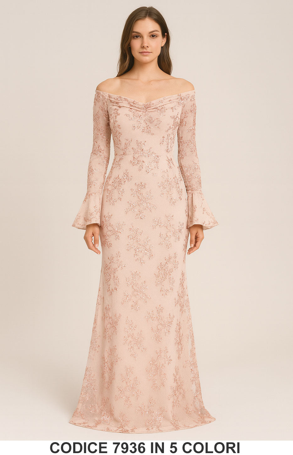 Abito Lungo Elegante con Paillettes e Scollo a Barca Vestito Cerimonia Ricamato in 5 Colori – 7936
