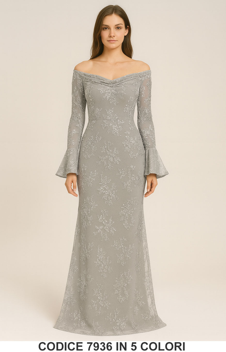 Abito Lungo Elegante con Paillettes e Scollo a Barca Vestito Cerimonia Ricamato in 5 Colori – 7936