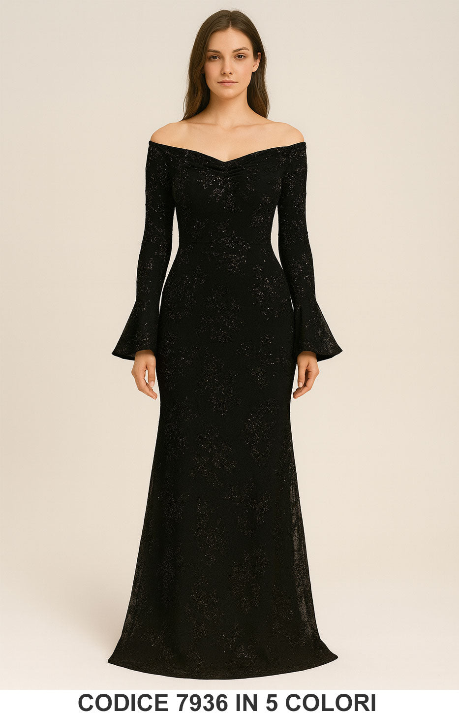 Abito Lungo Elegante con Paillettes e Scollo a Barca Vestito Cerimonia Ricamato in 5 Colori – 7936