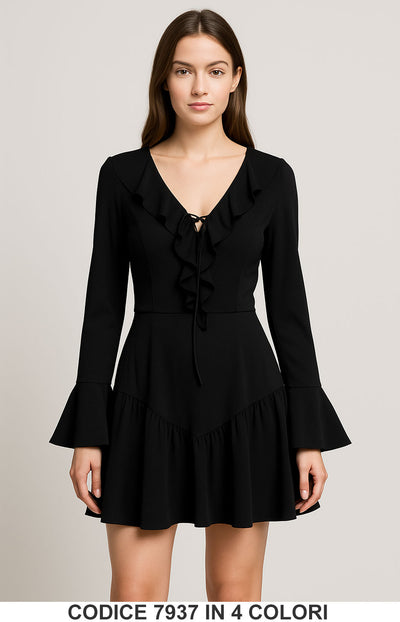 Vestito Corto con Volant e Maniche Svasate Abito Evento Elegante Romantico in Nero – 7937