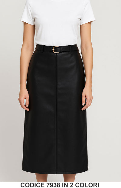 Gonna Midi in Ecopelle con Cintura Gonne Ragazze Donna in Nero – 7938