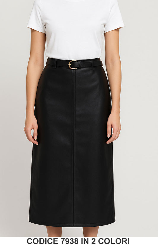 Gonna Midi in Ecopelle con Cintura Gonne Ragazze Donna in Marrone o Nero – 7938