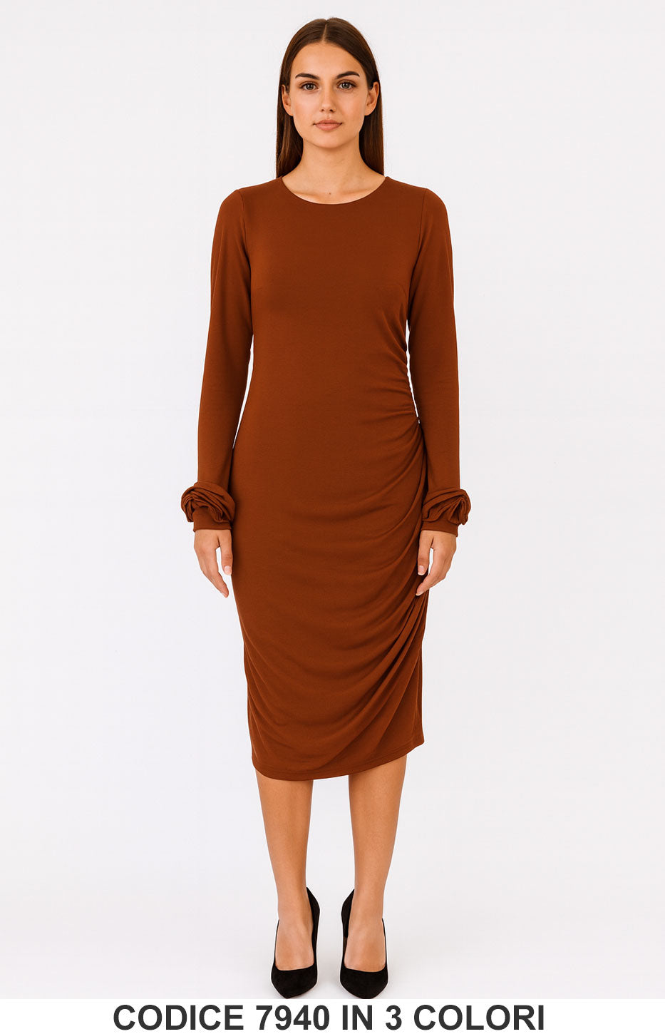 Abito Midi con Arricciatura e Maniche a Fiore Vestito Elegante Casual in 3 Colori – 7940