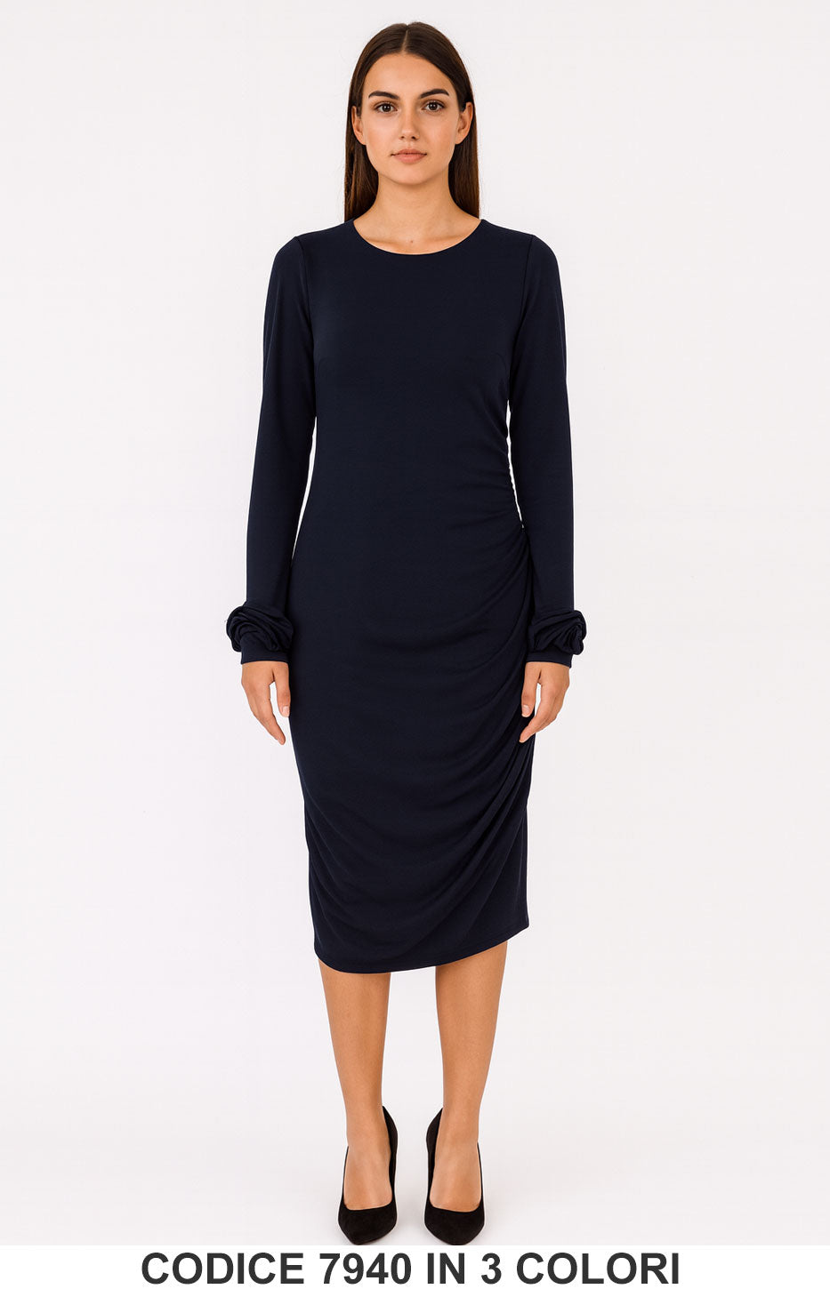 Abito Midi con Arricciatura e Maniche a Fiore Vestito Elegante Casual in 3 Colori – 7940