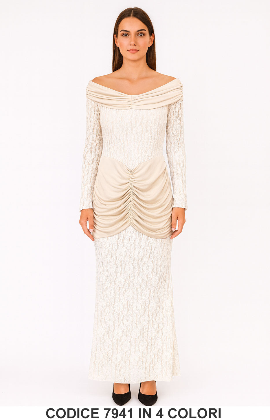 Abito Lungo in Pizzo con Drappeggio Vestito Elegante Cerimonia Evento in 4 Colori – 7941