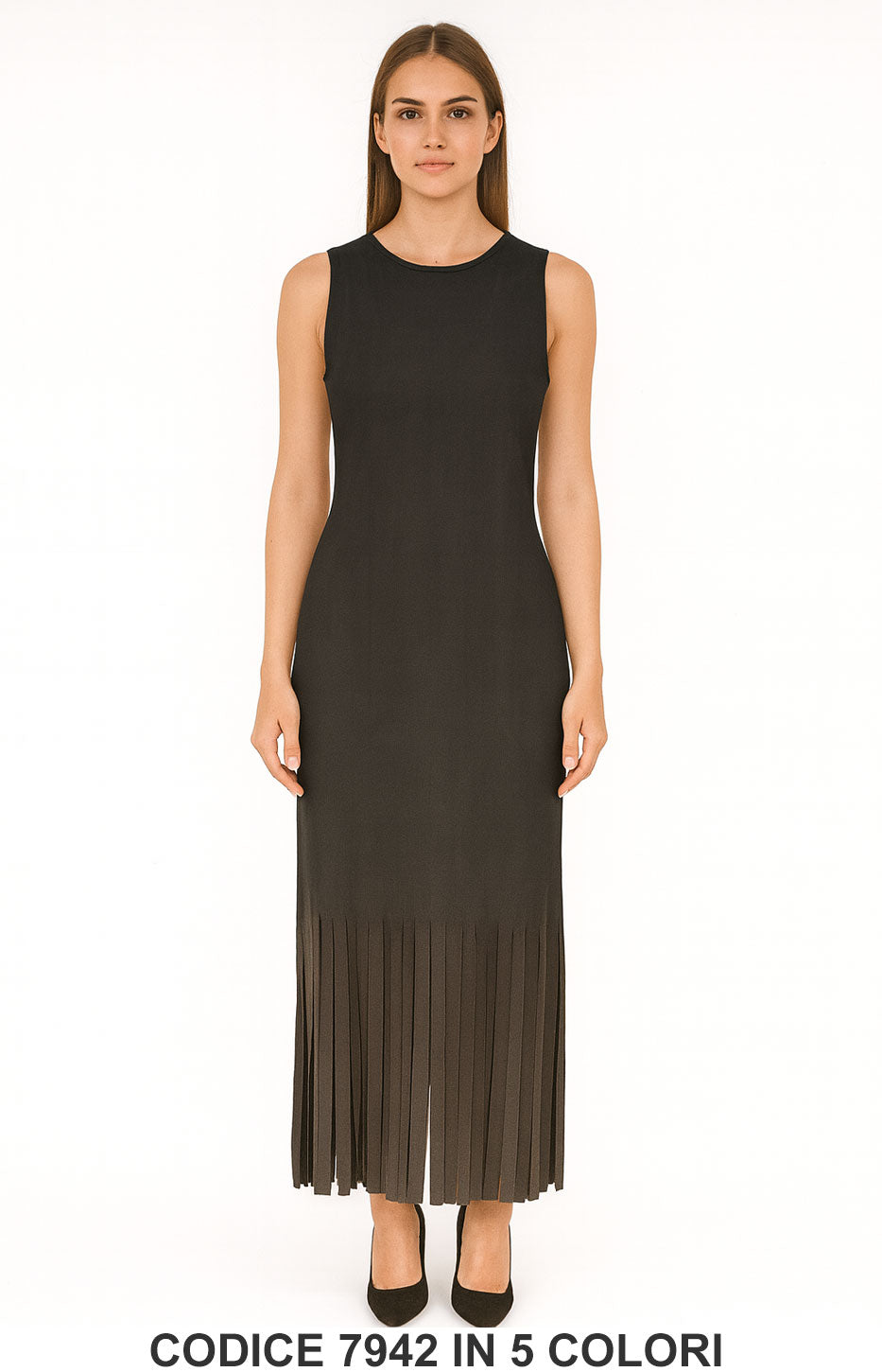 Abito Lungo con Frange sul Fondo Vestito Elegante Casual Evento in 5 Colori – 7942
