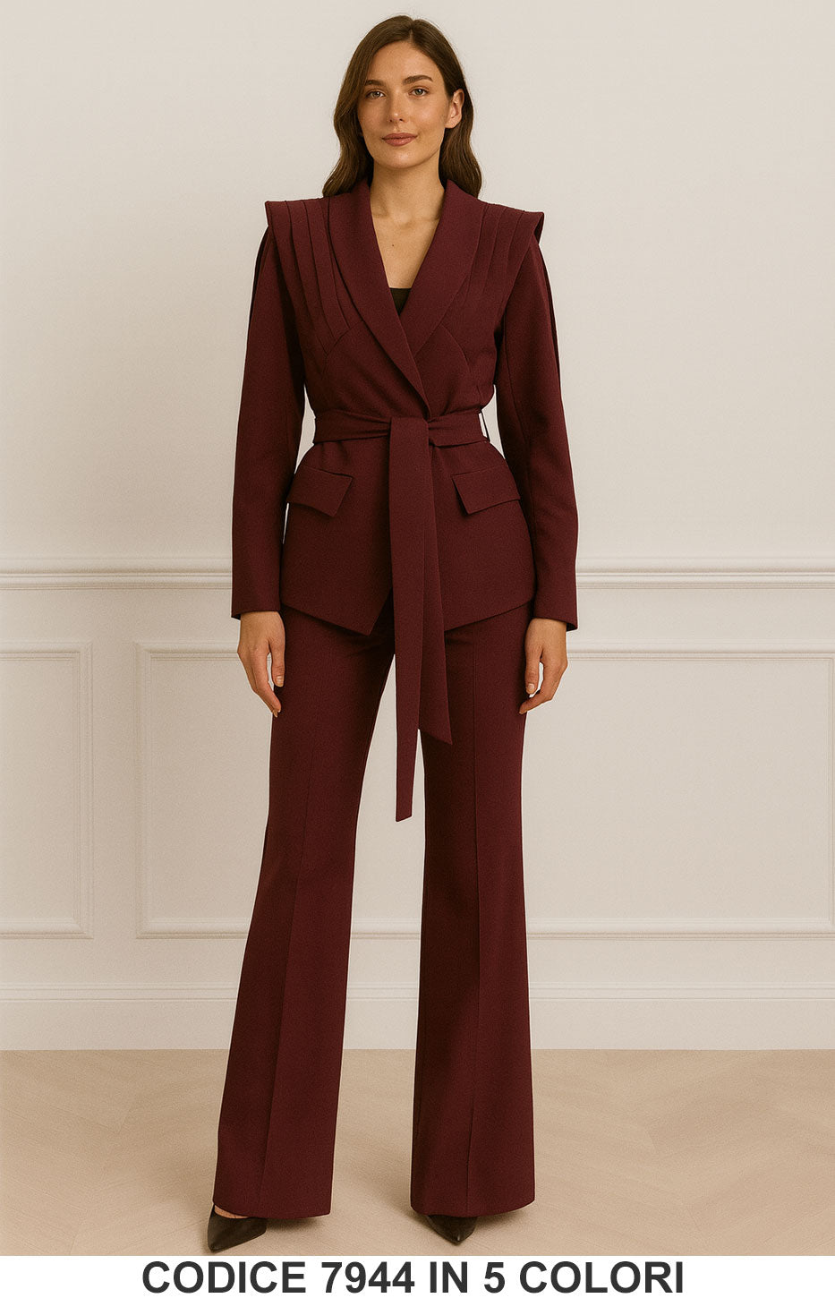 Completo elegante giacca con spalline plissettate e cintura pantalone a palazzo Tailleur in 5 colori – 7944