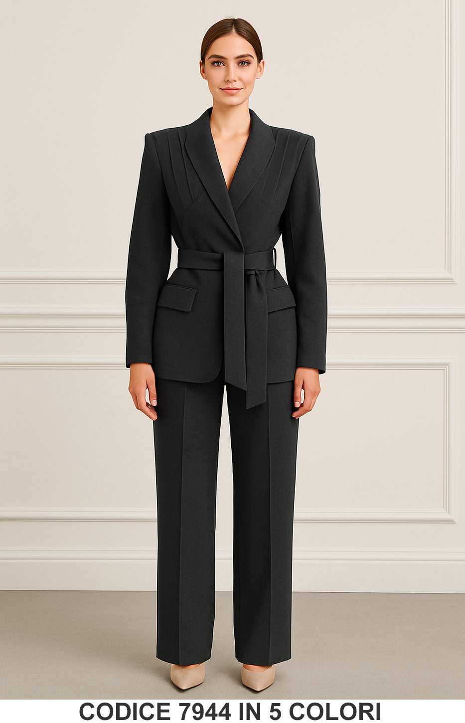 Completo elegante giacca con spalline plissettate e cintura pantalone a palazzo Tailleur in 5 colori – 7944