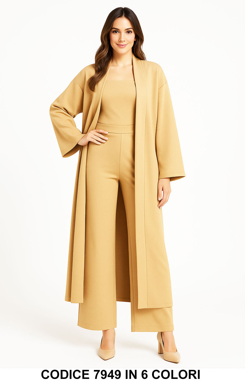 Completo Donna 3 Pezzi Top + Pantalone Palazzo + Kimono Lungo in Scuba Viscosa Felpato in 6 Colori – 7949