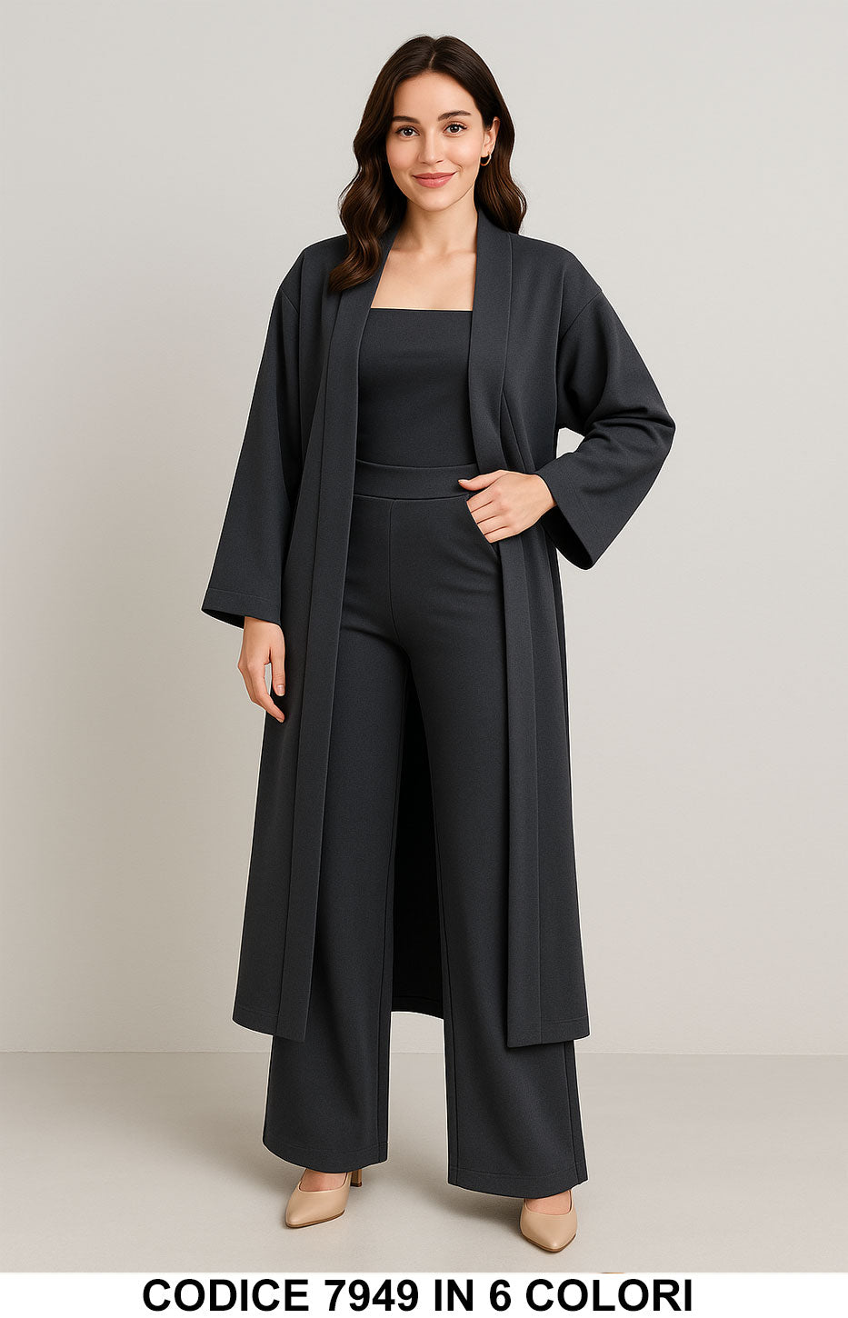 Completo Donna 3 Pezzi Top + Pantalone Palazzo + Kimono Lungo in Scuba Viscosa Felpato in 6 Colori – 7949