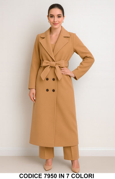 Cappotto Lungo Doppiopetto con Cintura Elegante Fashion in color cammello – 7950
