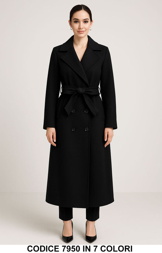 Cappotto Lungo Doppiopetto con Cintura Elegante Fashion in Nero – 7950Out