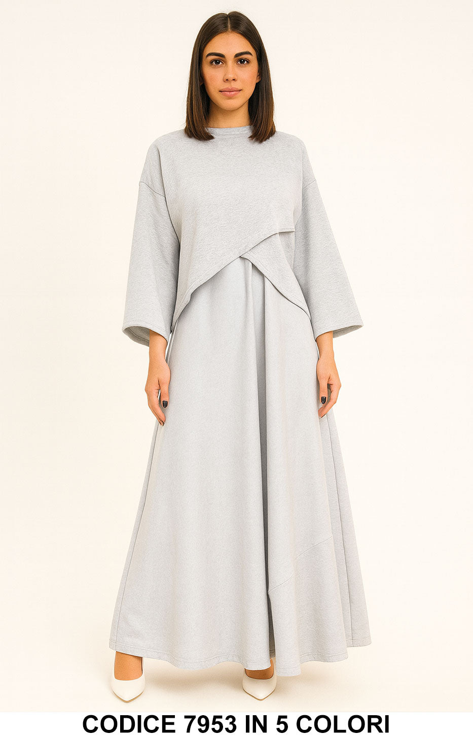 Completo Lungo con Maxi Felpa Asimmetrica e Gonna Svasata Coordinato Elegante in 5 Colori – 7953