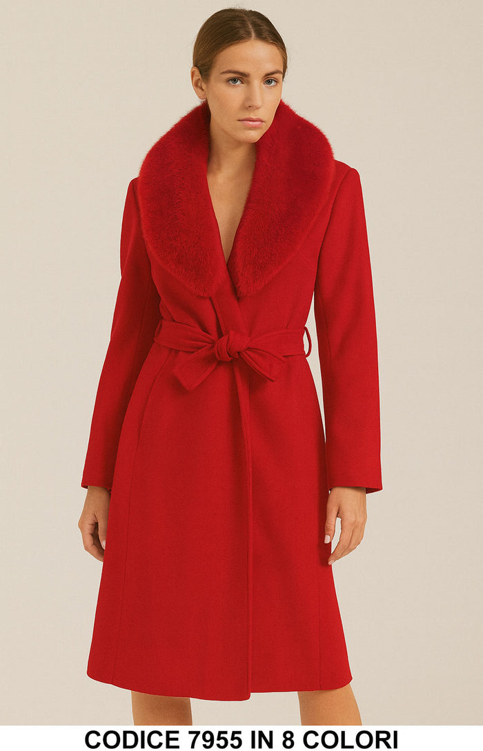 Cappotto con collo in ecopelliccia e cintura Fashion Elegante Capospalla in Bordeaux – 7955