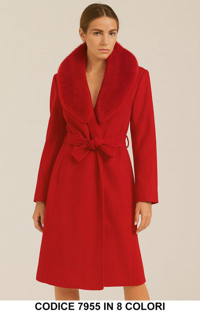 Cappotto con collo in ecopelliccia e cintura Fashion Elegante Capospalla in Bordeaux – 7955