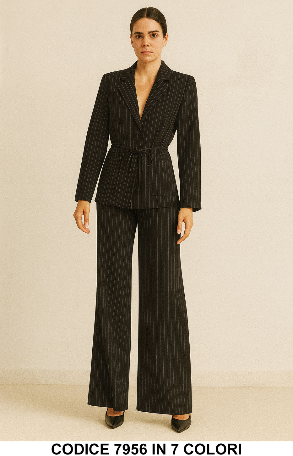 Tailleur Gessato Giacca + Pantalone Palazzo Completo Elegante con Cintura Coordinato in 7 colori – 7956