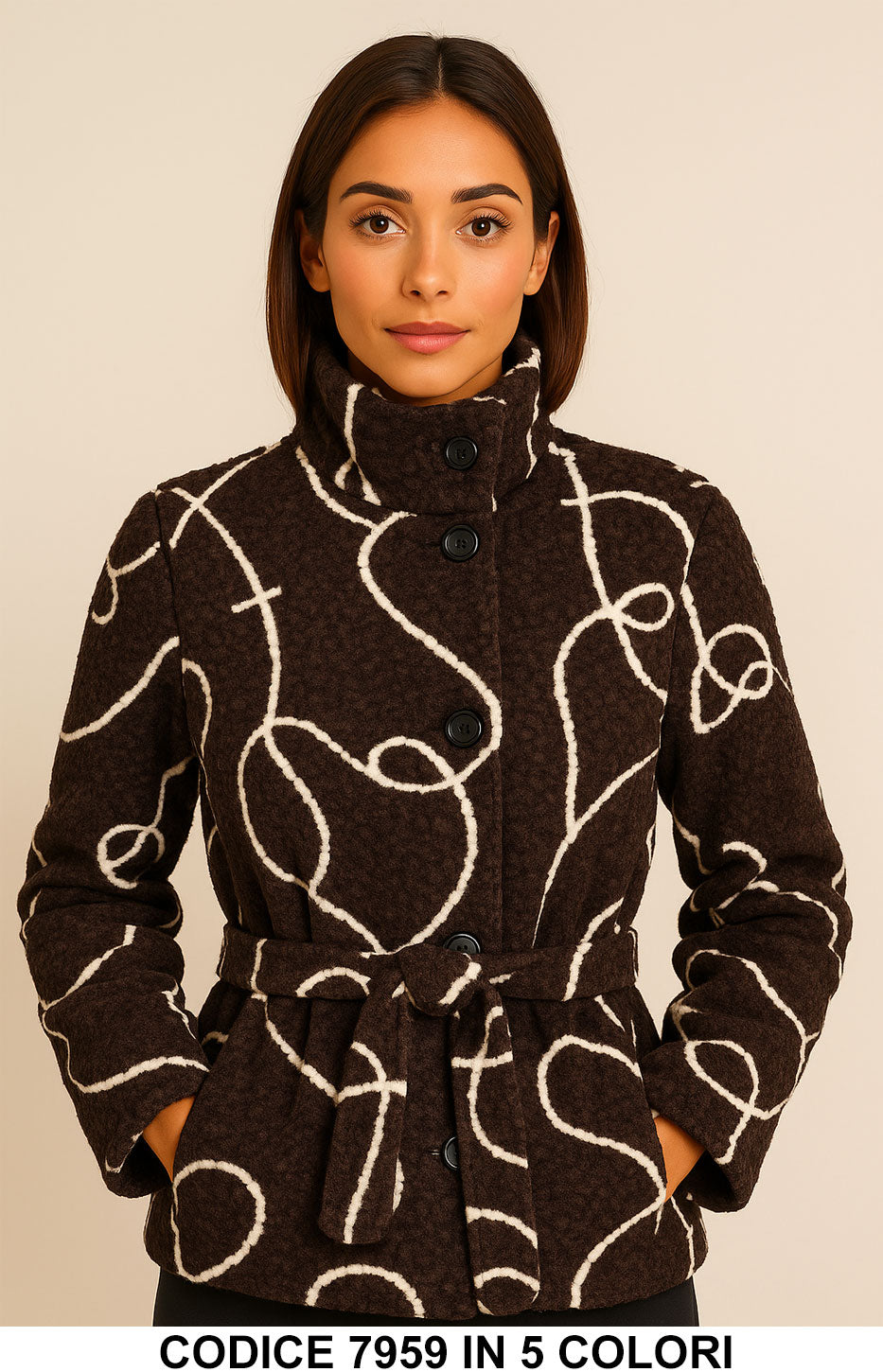 Cappotto Corto Fantasia Astratta con Cintura Giubbotto Collo Alto Fashion in 6 colori – 7959