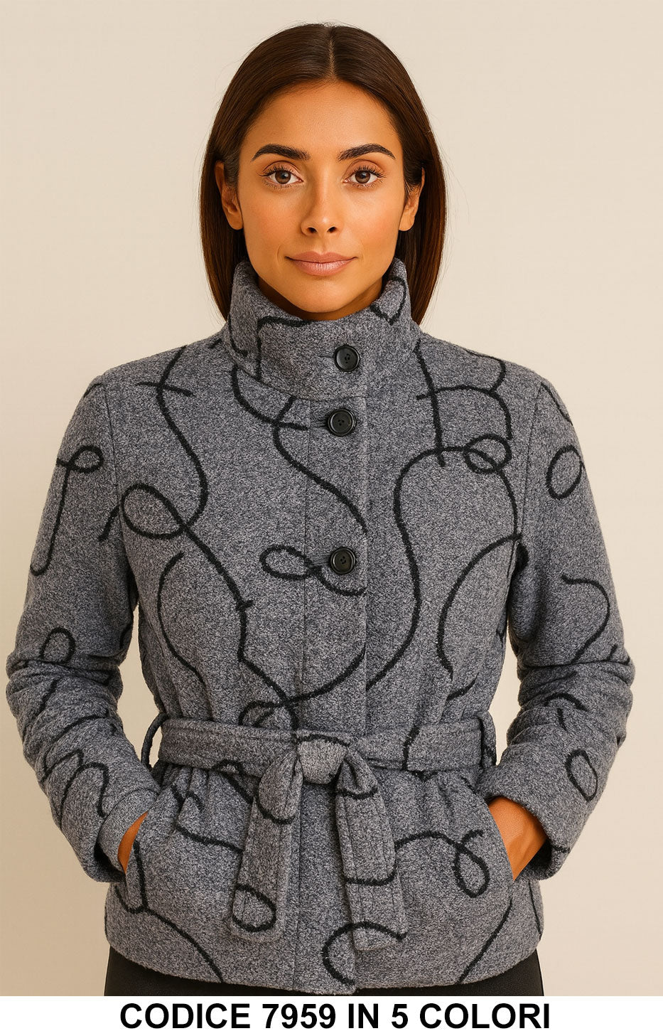 Cappotto Corto Fantasia Astratta con Cintura Giubbotto Collo Alto Fashion in 6 colori – 7959