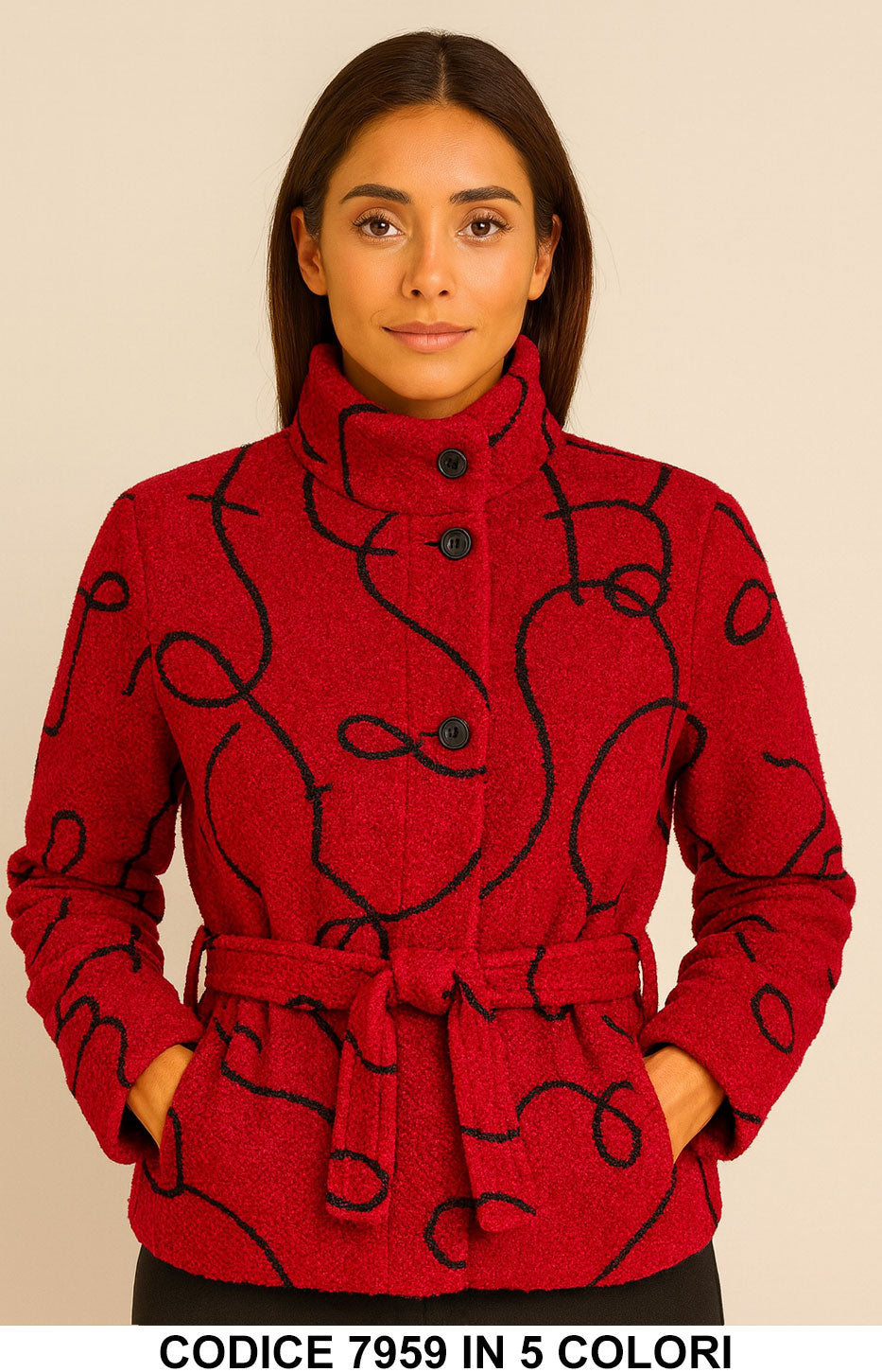 Cappotto Corto Fantasia Astratta con Cintura Giubbotto Collo Alto Fashion in 6 colori – 7959