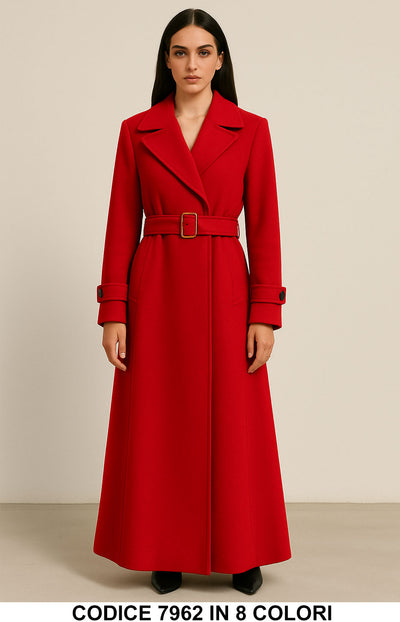 Cappotto Lungo Elegante con Cintura e Bottoni Giacca Fashion in Bordeaux – 7962
