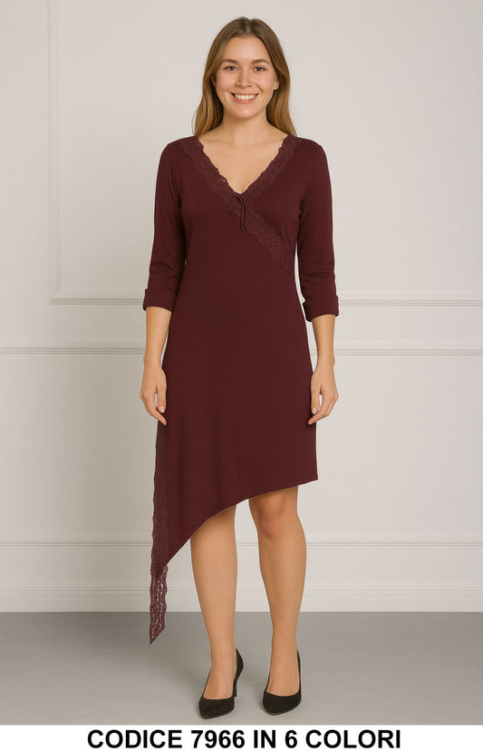 Abito con Pizzo e Taglio Asimmetrico Midi Vestito Romantico Elegante in 6 Colori – 7966