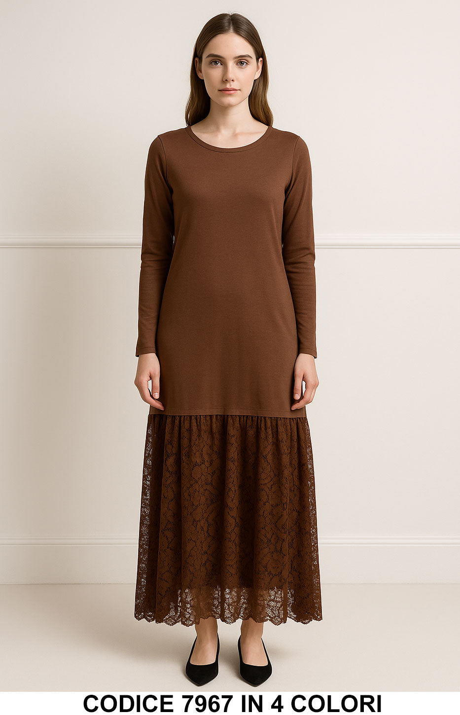 Abito Lungo con Pizzo – Eleganza Semplice Vestito Merletto Romantico in 4 Colori - 7967