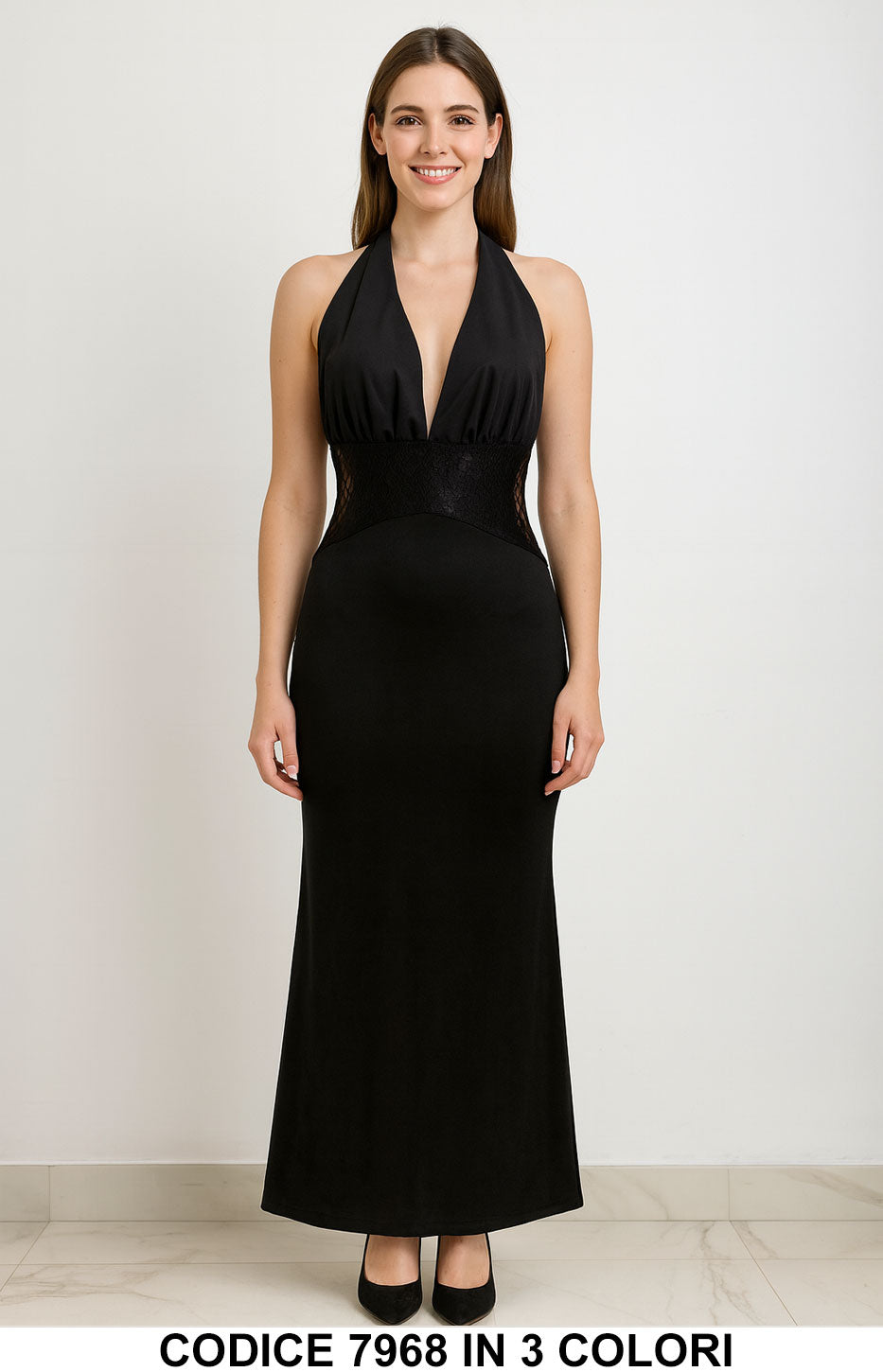 Abito lungo con inserto in pizzo in vita Vestito Elegante Cerimonia Evento in 3 Colori – 7968