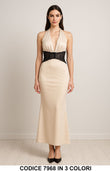 Abito lungo con inserto in pizzo in vita Vestito Elegante Cerimonia Evento in 3 Colori – 7968