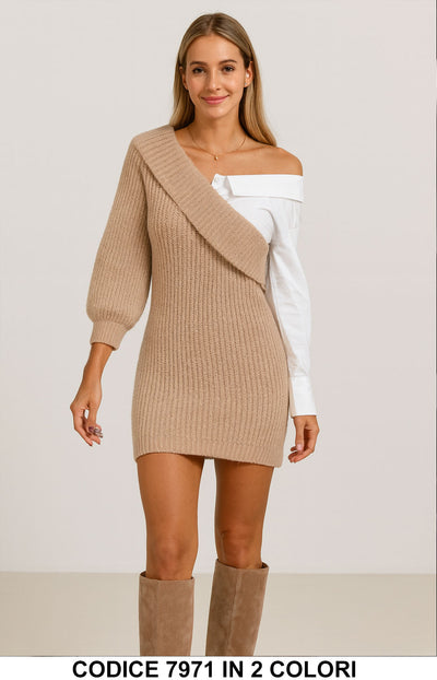 Abito Maglia Asimmetrico con Camicia Integrata Vestito Casual in Beige – 7971