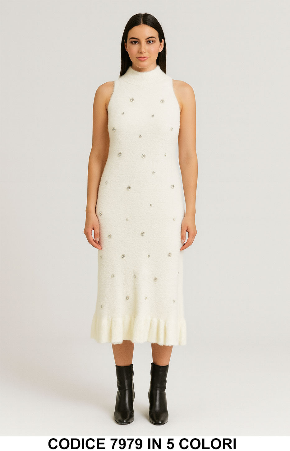 Abito Midi in Morbida Maglia con Strass Vestito Lungo Elegante e Caldo in 5 Colori – 7979