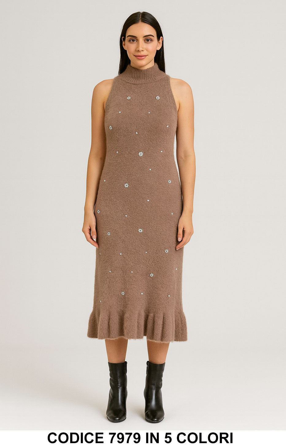 Abito Midi in Morbida Maglia con Strass Vestito Lungo Elegante e Caldo in 5 Colori – 7979