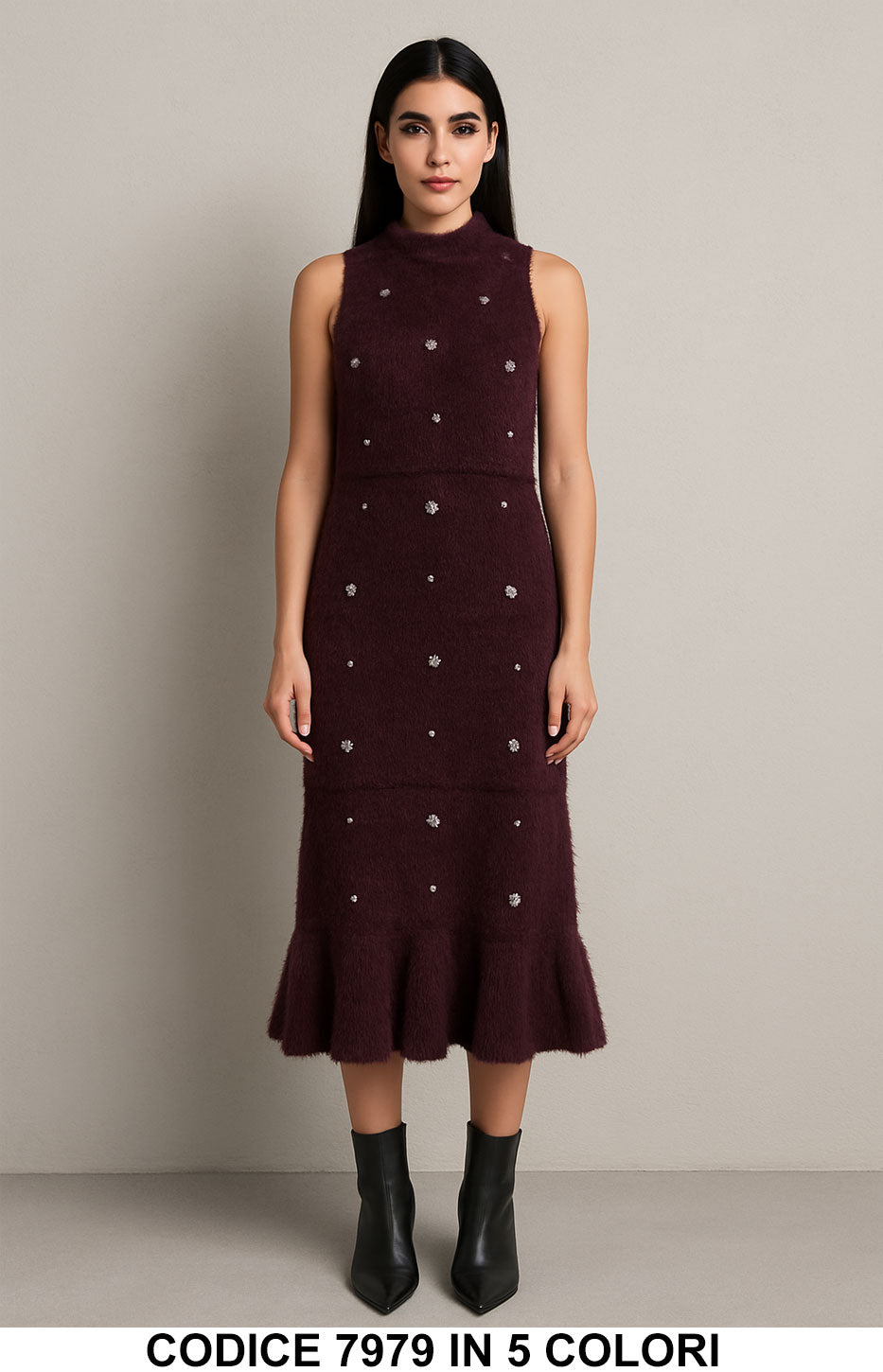 Abito Midi in Morbida Maglia con Strass Vestito Lungo Elegante e Caldo in 5 Colori – 7979