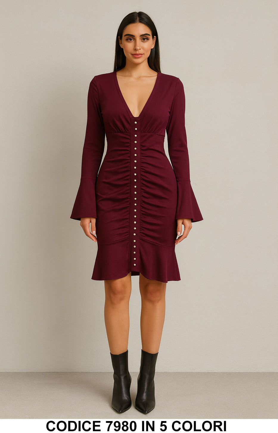 Abito Corto con Bottoni Gioiello e Maniche Svasate Vestito Elegante e Femminile in 5 Colori – 7980