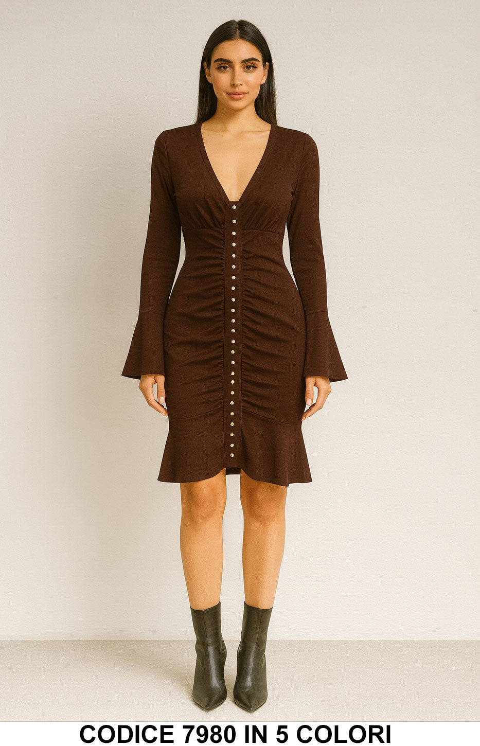 Abito Corto con Bottoni Gioiello e Maniche Svasate Vestito Elegante e Femminile in 5 Colori – 7980